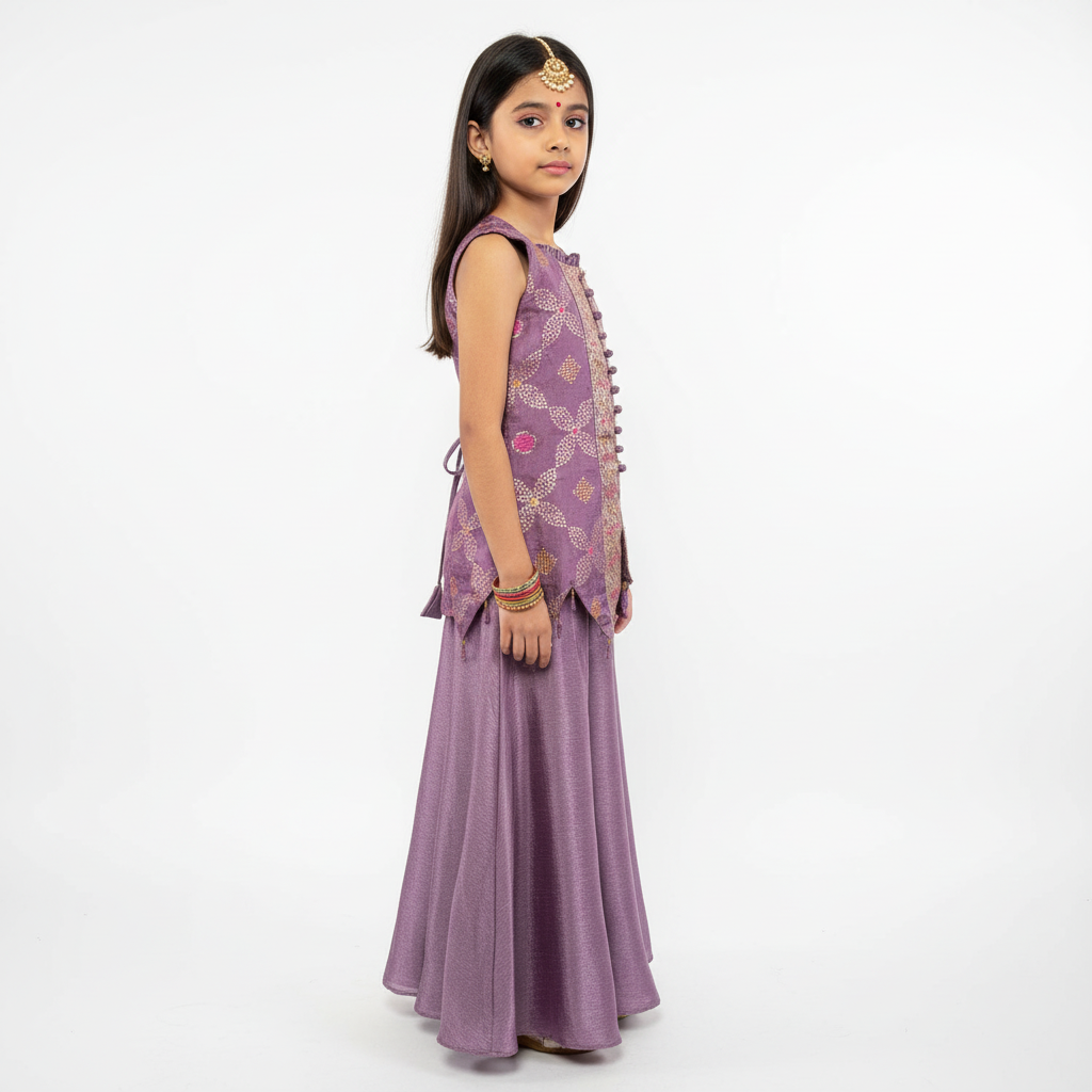Girls’ Purple Banarasi Brocade Dress Set – A Blend of Tradition & Modern Elegance