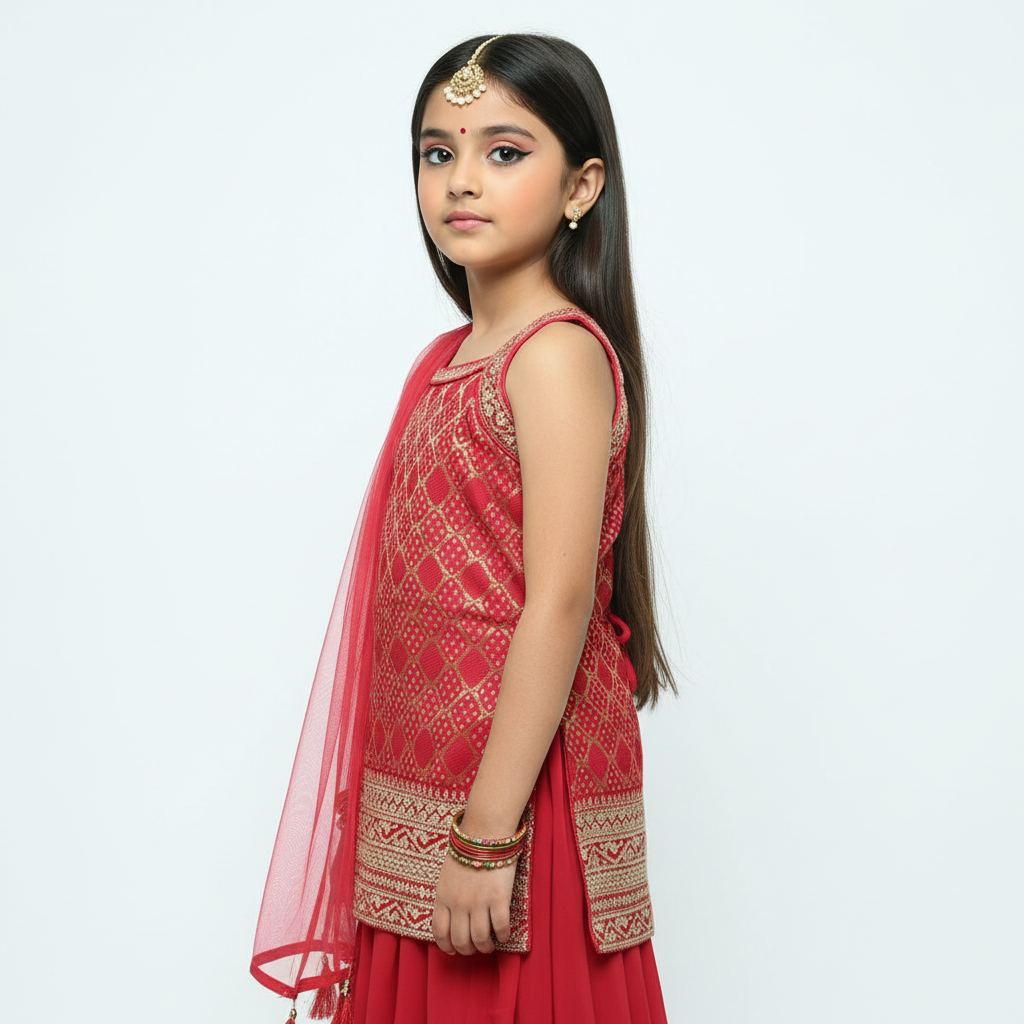 Cherry Red Bandhini Brocade Kurti Plazo Set – Festive Elegance for Girls