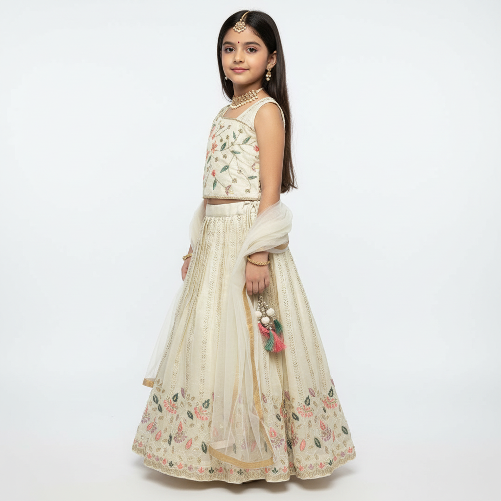 Ivory Tissue Kids’ Lehenga & Blouse Set – Elegant Handcrafted Festive Wear