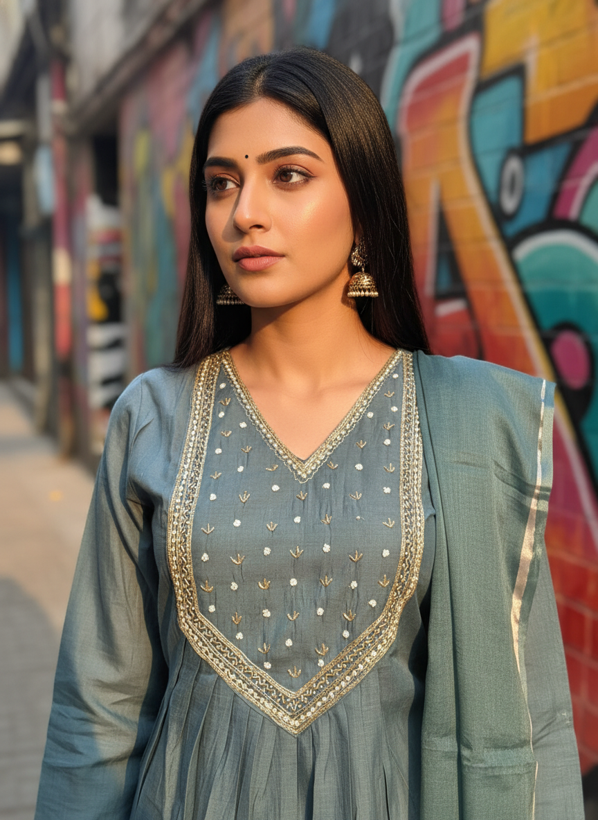 Pastel Greyish Blue Mal Chanderi A-Line Suit Set
