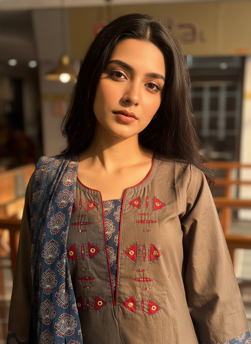 Thick Cotton Grey Kurta Pant Set with Bagru Ajrakh Dupatta