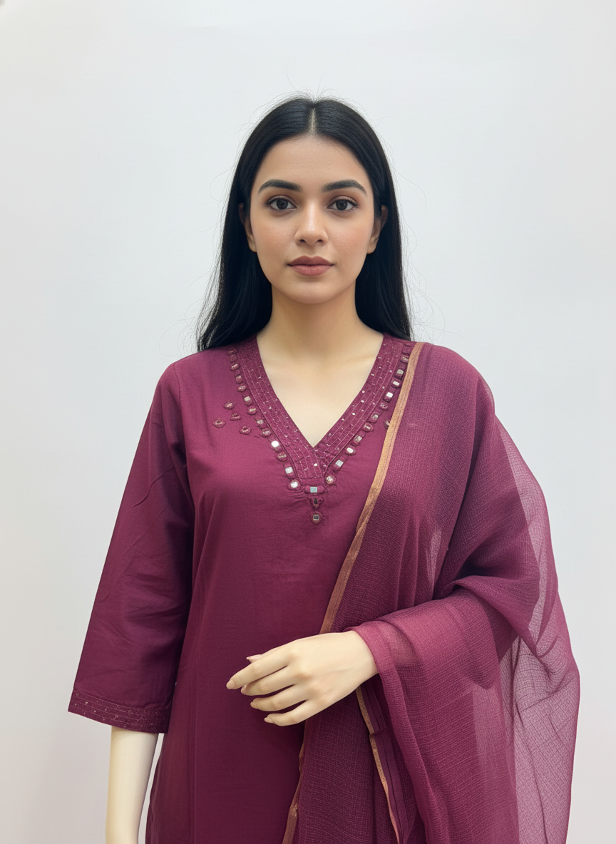 Plain Cotton Mirror Work Straight Suit Set in Rich Wine Tone