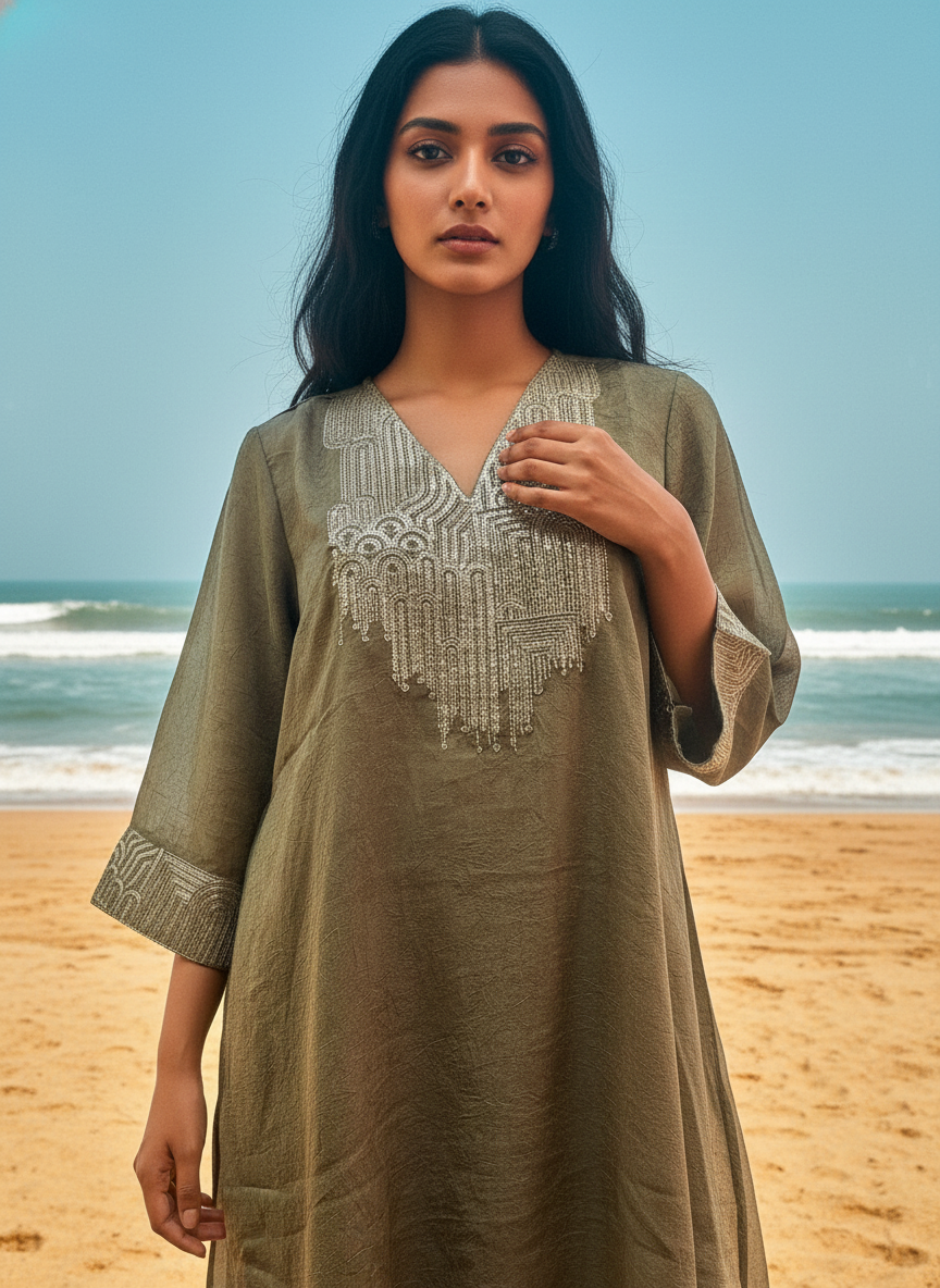 Designer Olive Textured Silk Coord Set with Sequin Embroidery