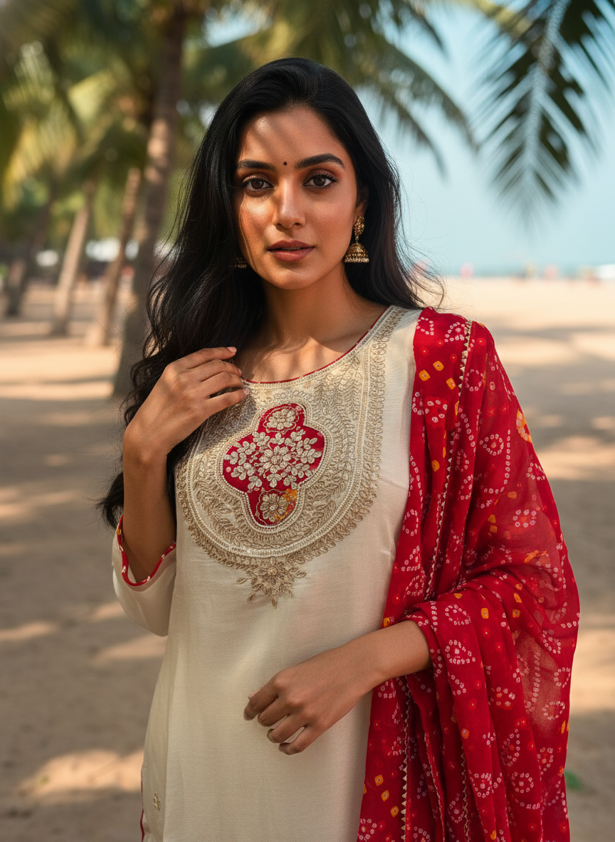 Ivory Tissue Gota Patti Suit Set with Red Bandhej Dupatta