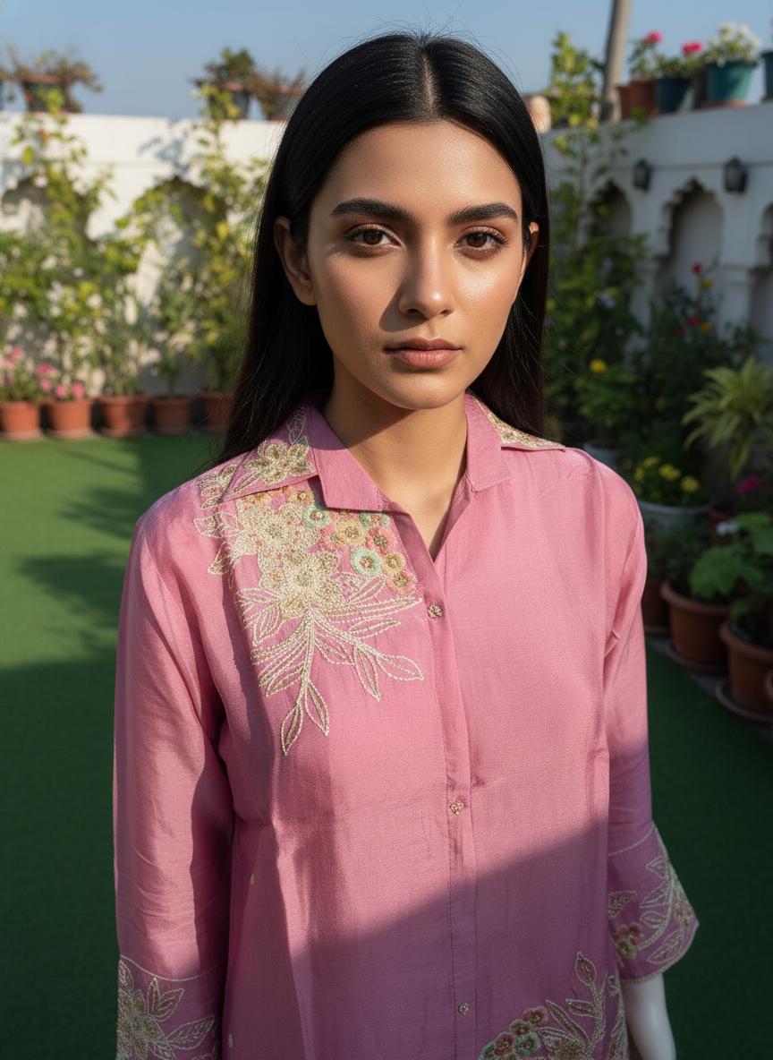 Pure Chinon Pink Embroidered Coord Set