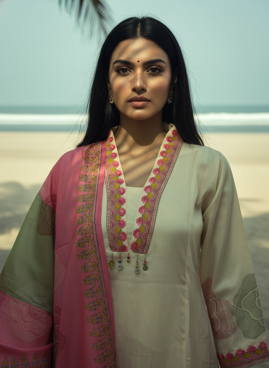 Cream A-line suit set in pure royal silk blends