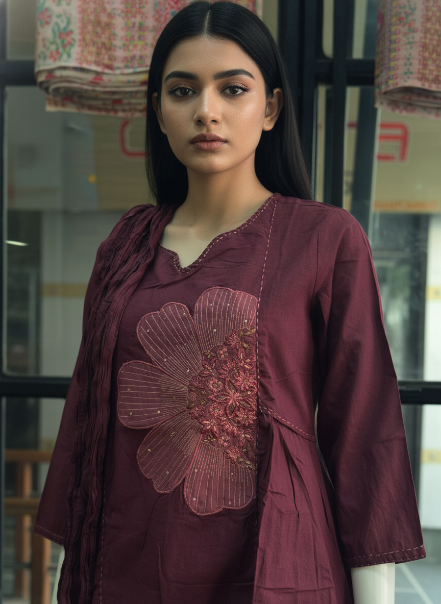 Cotton A-line suit set blends handcrafted embroidery