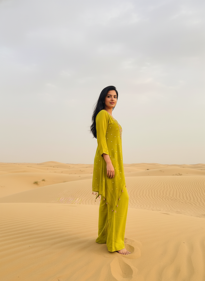 Liril Green Pure Chinon Coord Set – Festive Chic with Subtle Shimmer