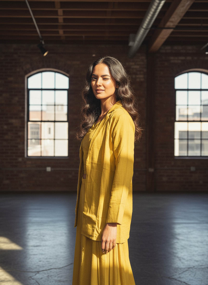 Pure Mal Chanderi Mustard Coord Set with Floral Applique Embroidery