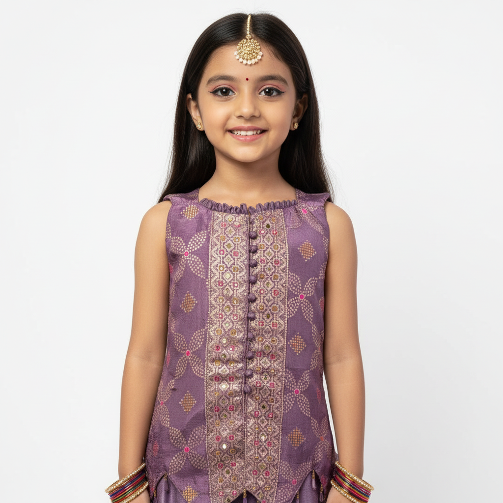 Girls’ Purple Banarasi Brocade Dress Set – A Blend of Tradition & Modern Elegance