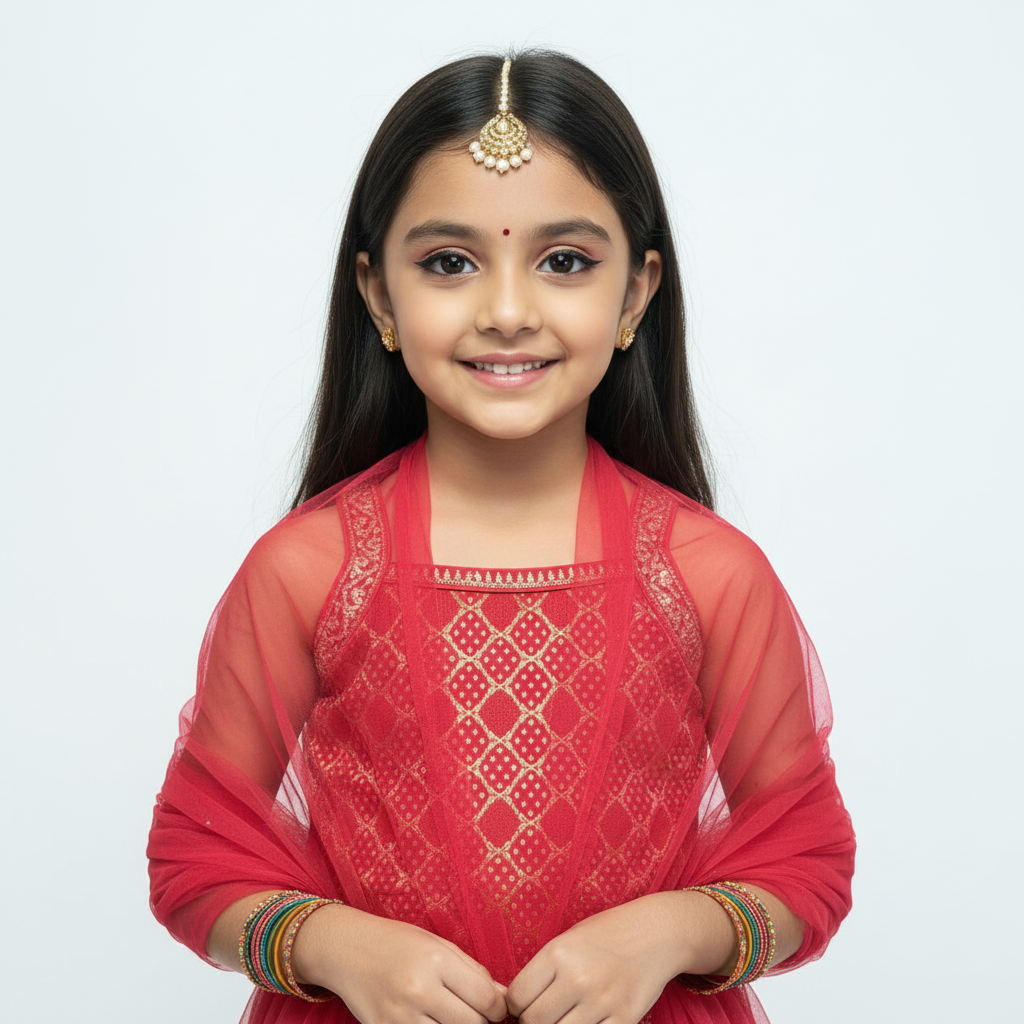 Cherry Red Bandhini Brocade Kurti Plazo Set – Festive Elegance for Girls