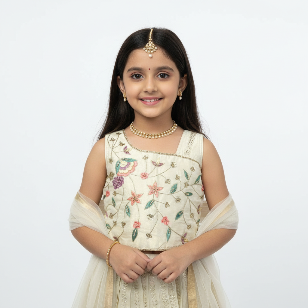 Ivory Tissue Kids’ Lehenga & Blouse Set – Elegant Handcrafted Festive Wear