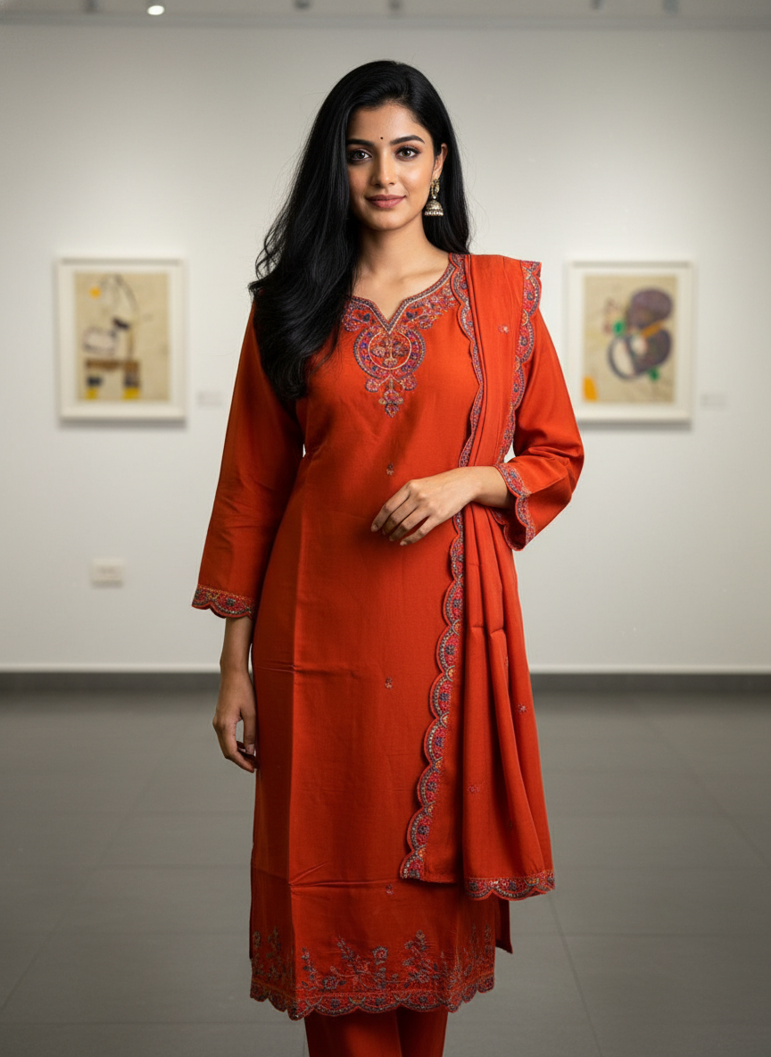 Rust Orange Romansilk Straight Suit Set