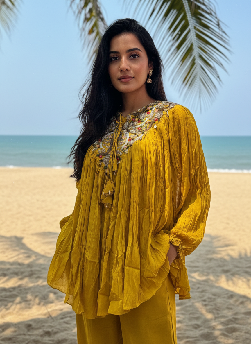 Mustard Yellow Chinon Ponchu Style Designer Dress