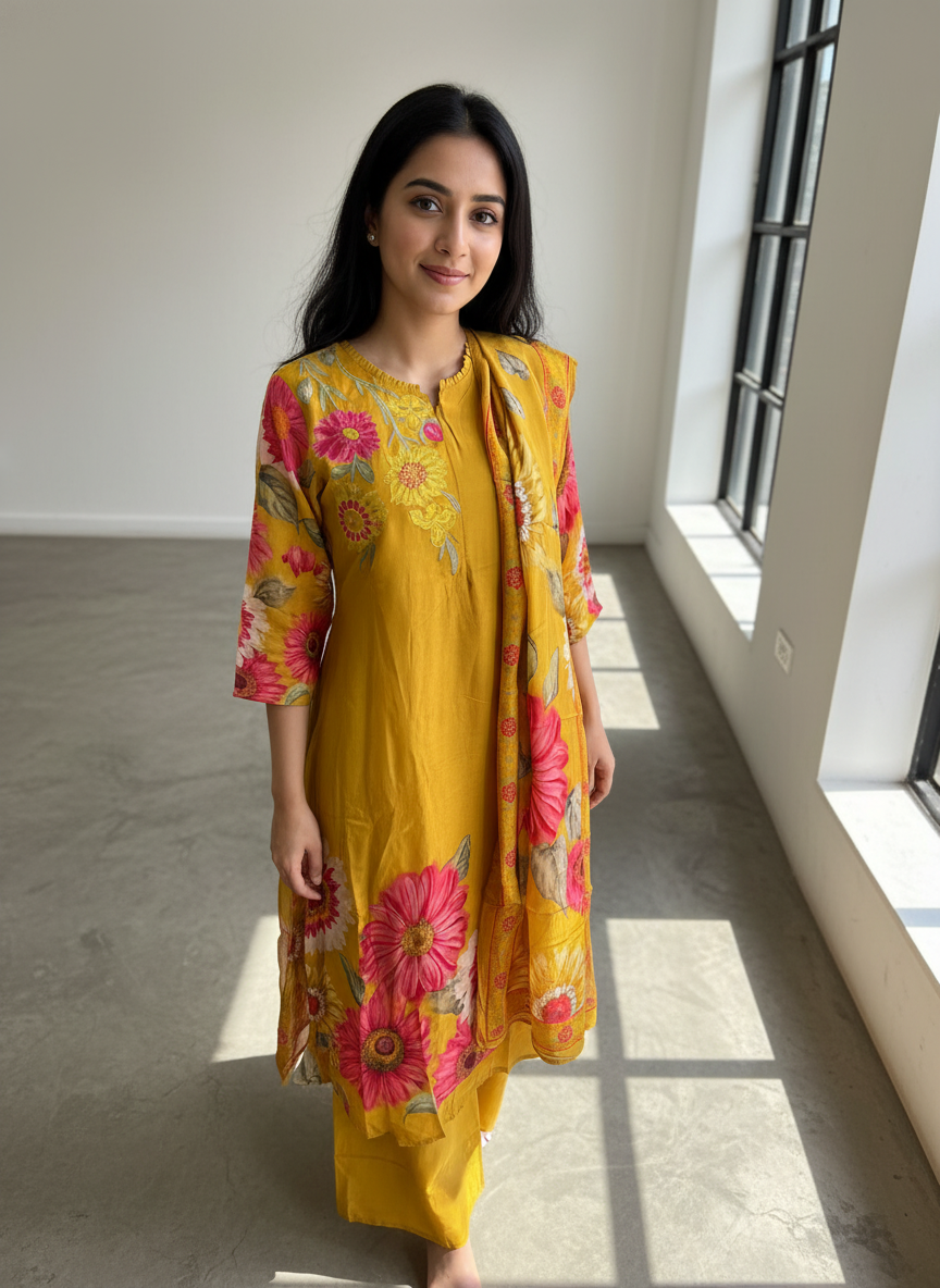 Natural Crepe Mustard A-Line Suit Set with Digital Embroidery & Floral Print