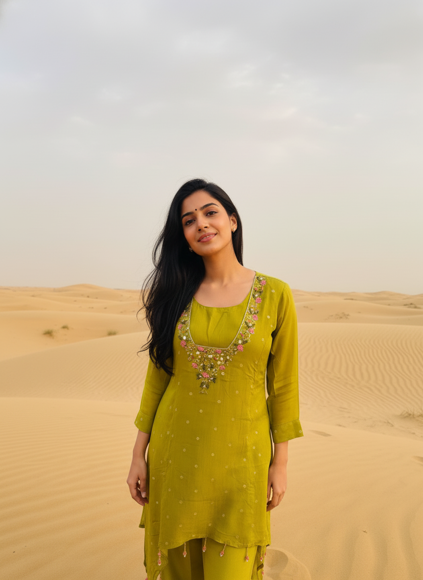 Liril Green Pure Chinon Coord Set – Festive Chic with Subtle Shimmer