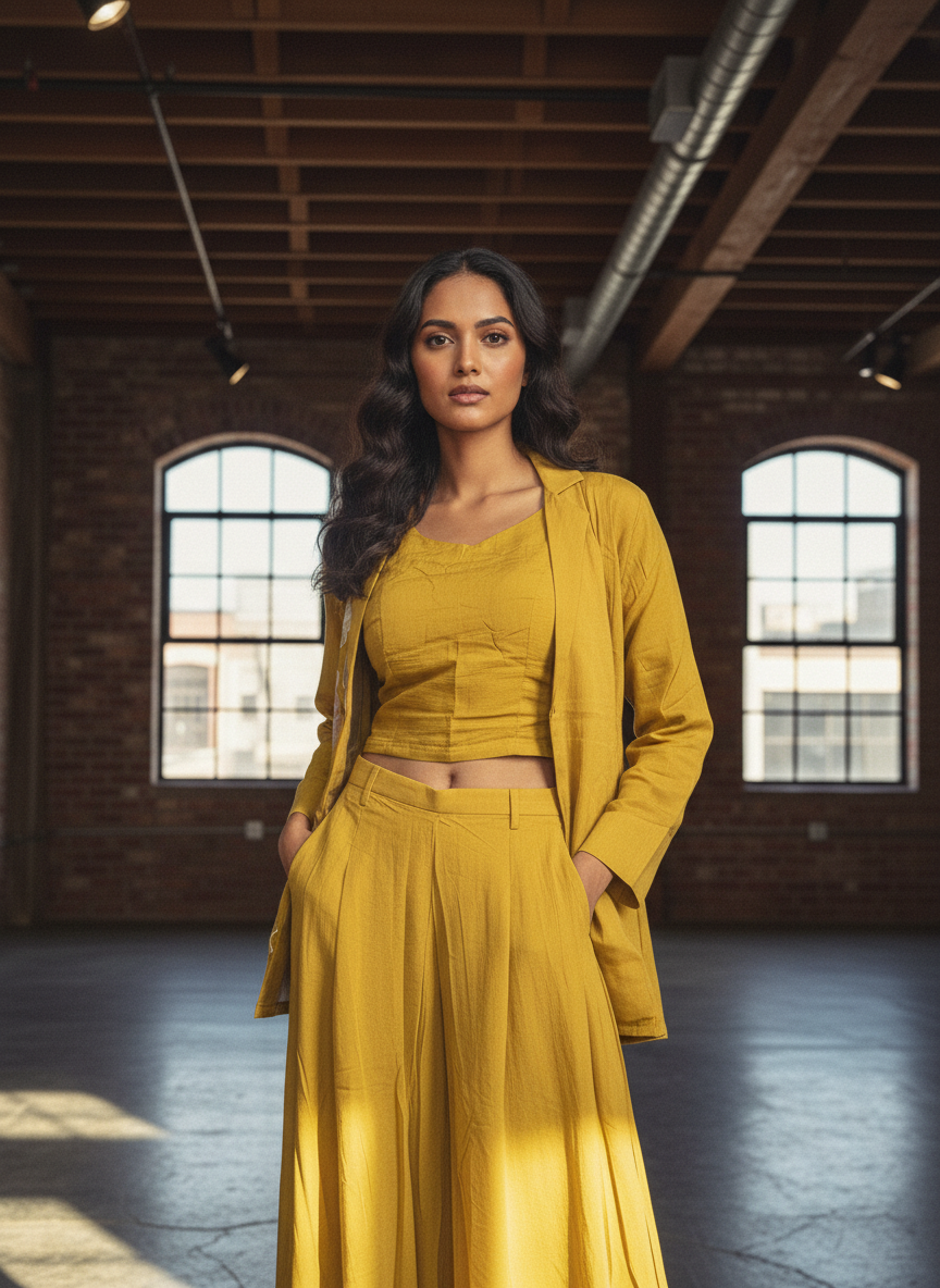 Pure Mal Chanderi Mustard Coord Set with Floral Applique Embroidery