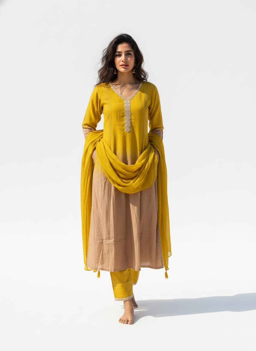 Pure Mal Chanderi A-Line Suit Set with Dupatta