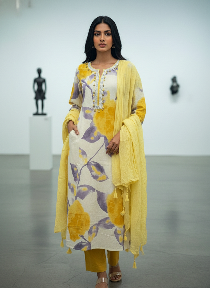 Purple & Yellow Floral Pure Cotton A-Line Suit Set