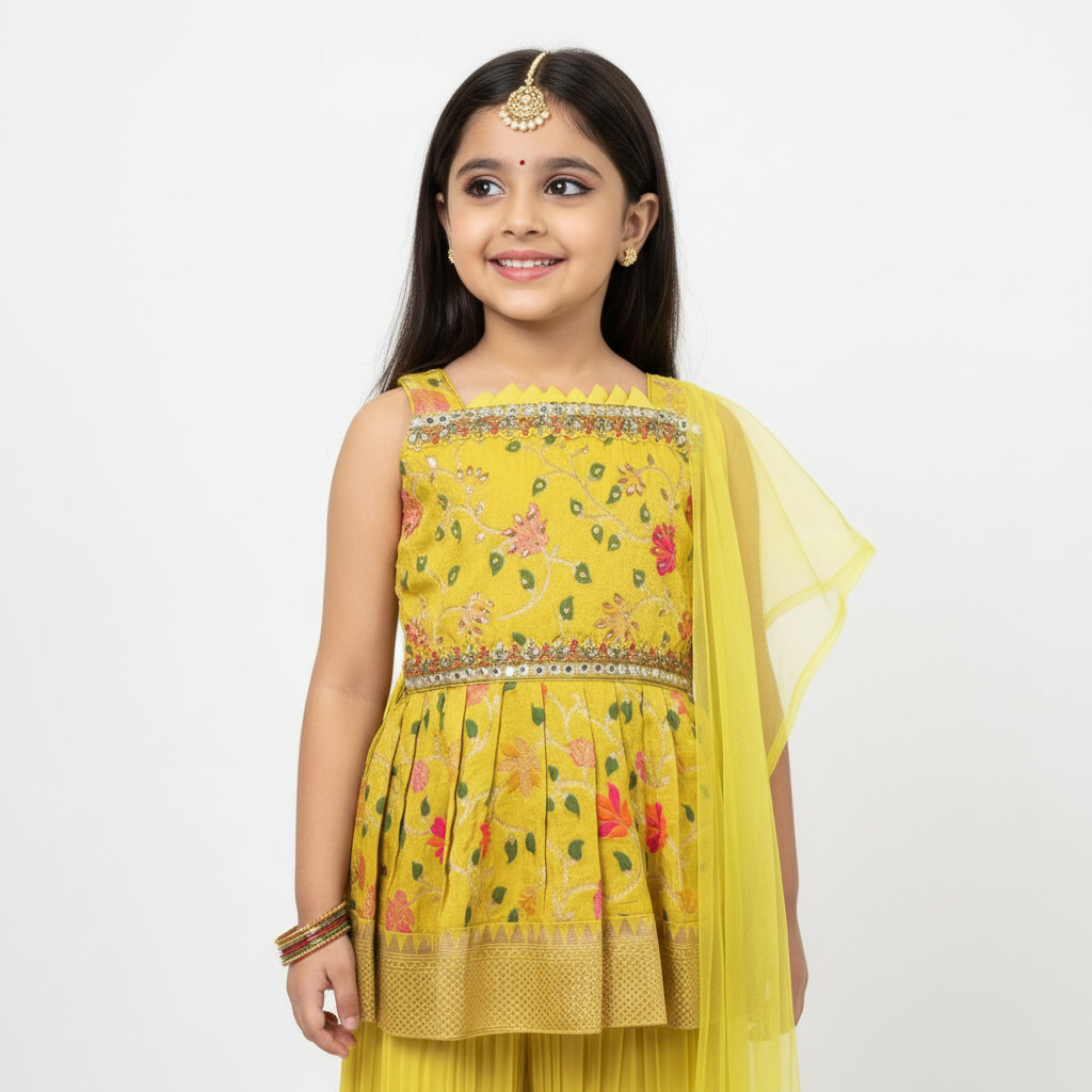 Lime Yellow Kids’ Brocade Jacquard Dress Set – Festive & Elegant
