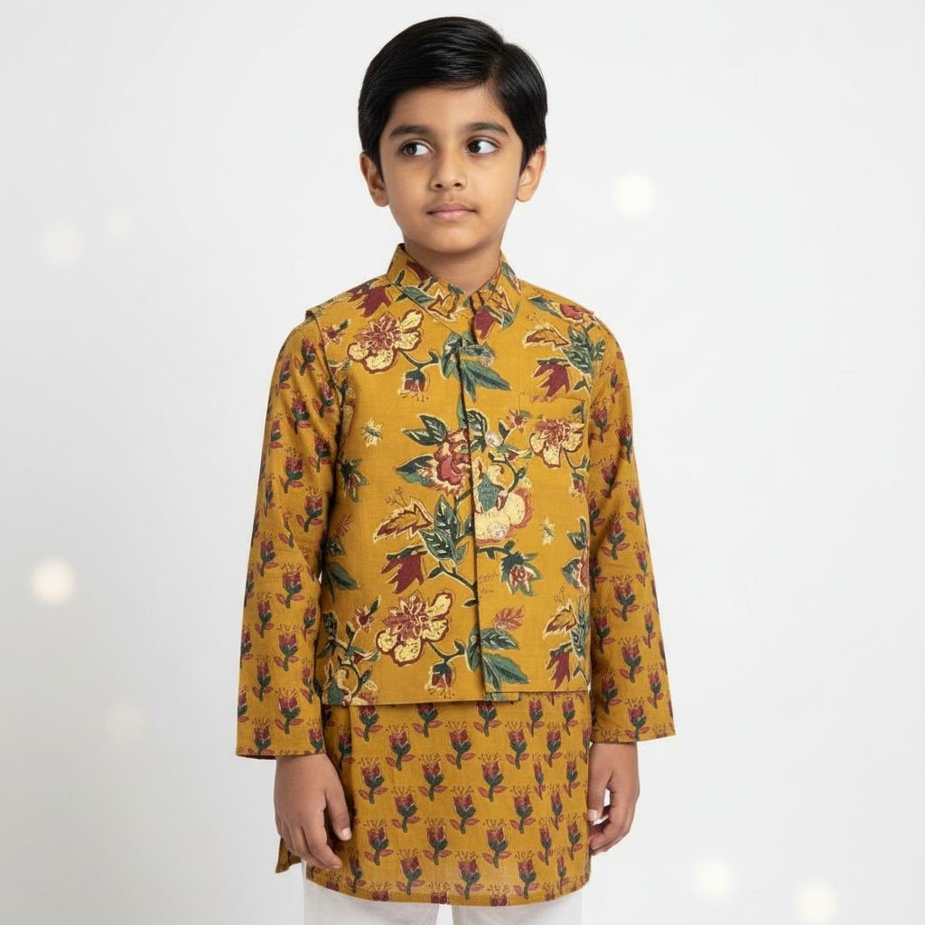 Kids’ Mustard Cotton Kurta Set with Floral Nehru Jacket – Traditional & Stylish