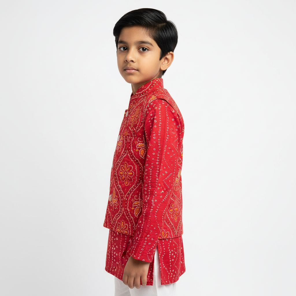 Kids’ Red Bandhani Cotton Kurta Set with Nehru Jacket – Traditional Charm