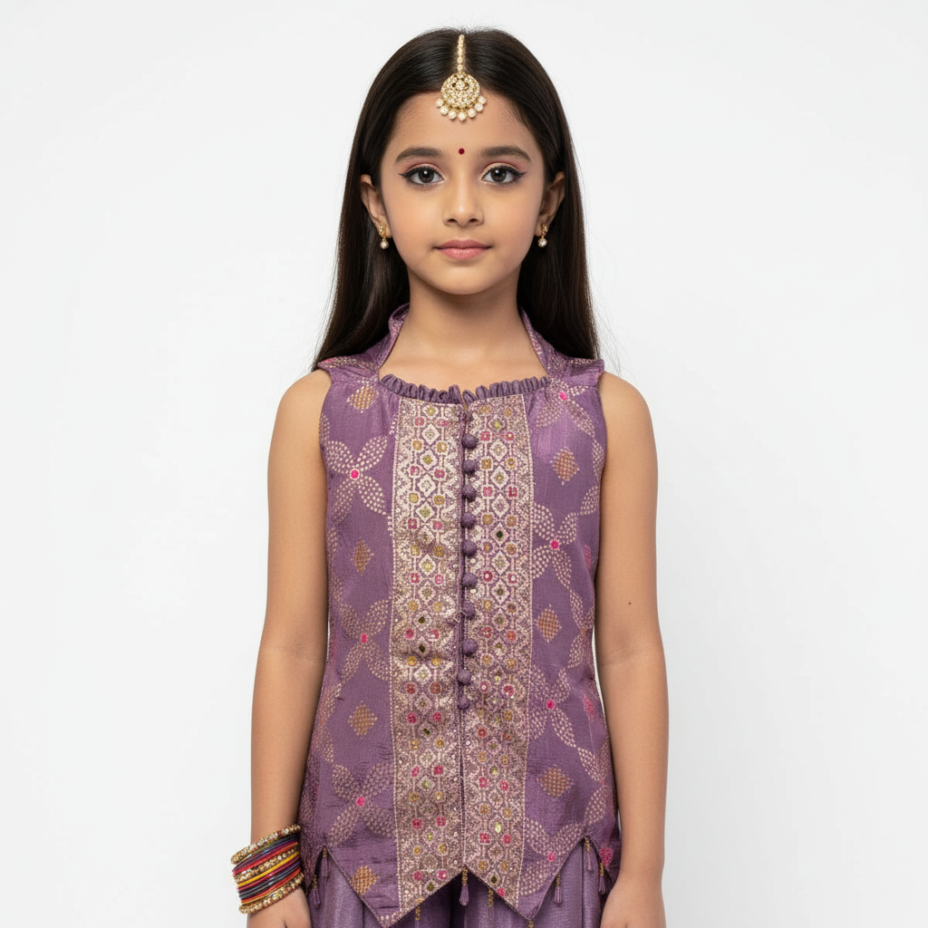 Girls’ Purple Banarasi Brocade Dress Set – A Blend of Tradition & Modern Elegance