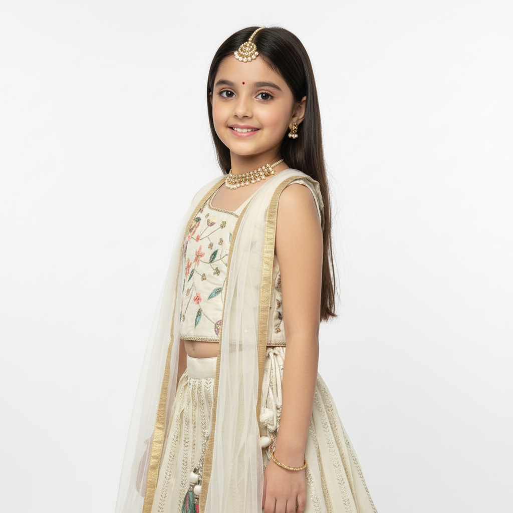 Ivory Tissue Kids’ Lehenga & Blouse Set – Elegant Handcrafted Festive Wear
