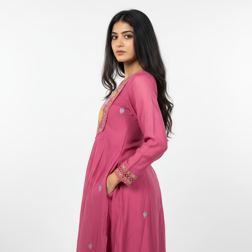 Onion Pink Mal Chanderi A-Line Suit Set – Elegant Floral Embroidery & Coordinated Dupatta