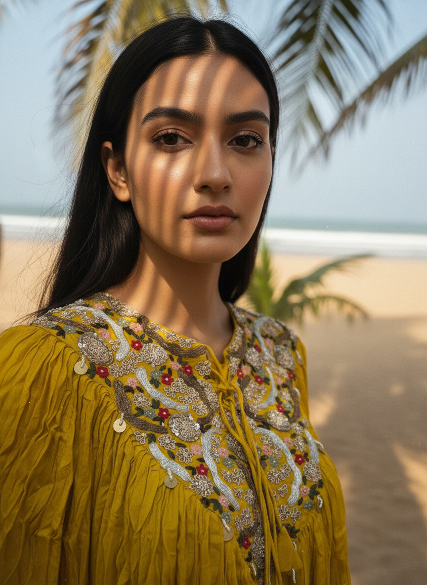 Mustard Yellow Chinon Ponchu Style Designer Dress