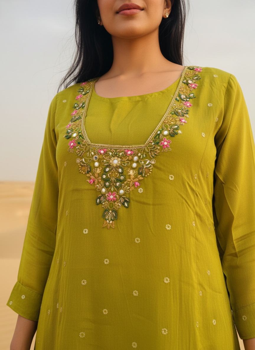 Liril Green Pure Chinon Coord Set – Festive Chic with Subtle Shimmer