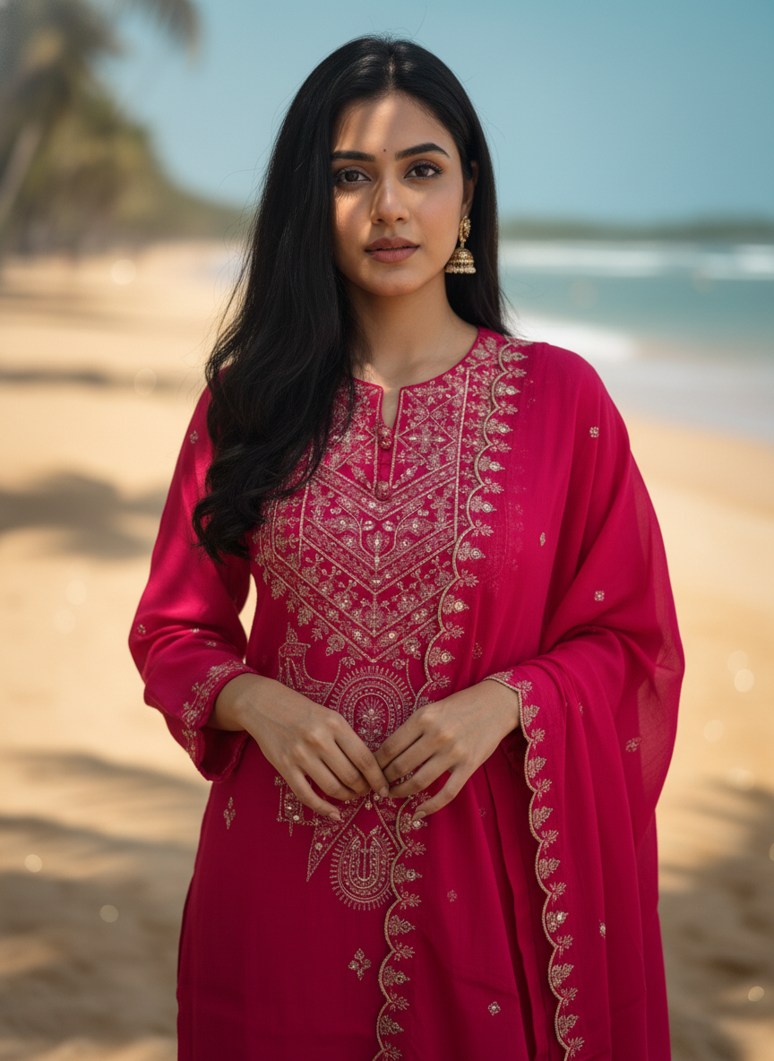 Mal Chanderi Parsi Pattern Suit Set – Rani Pink Elegance with Intricate Threadwork