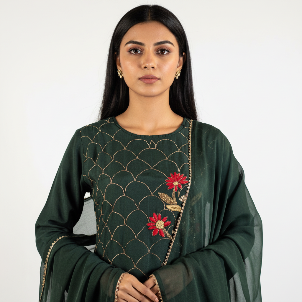 Midnight X M'Foks - Royal Silk Handwork Short Kurta With Dupatta & Georgette Sharara