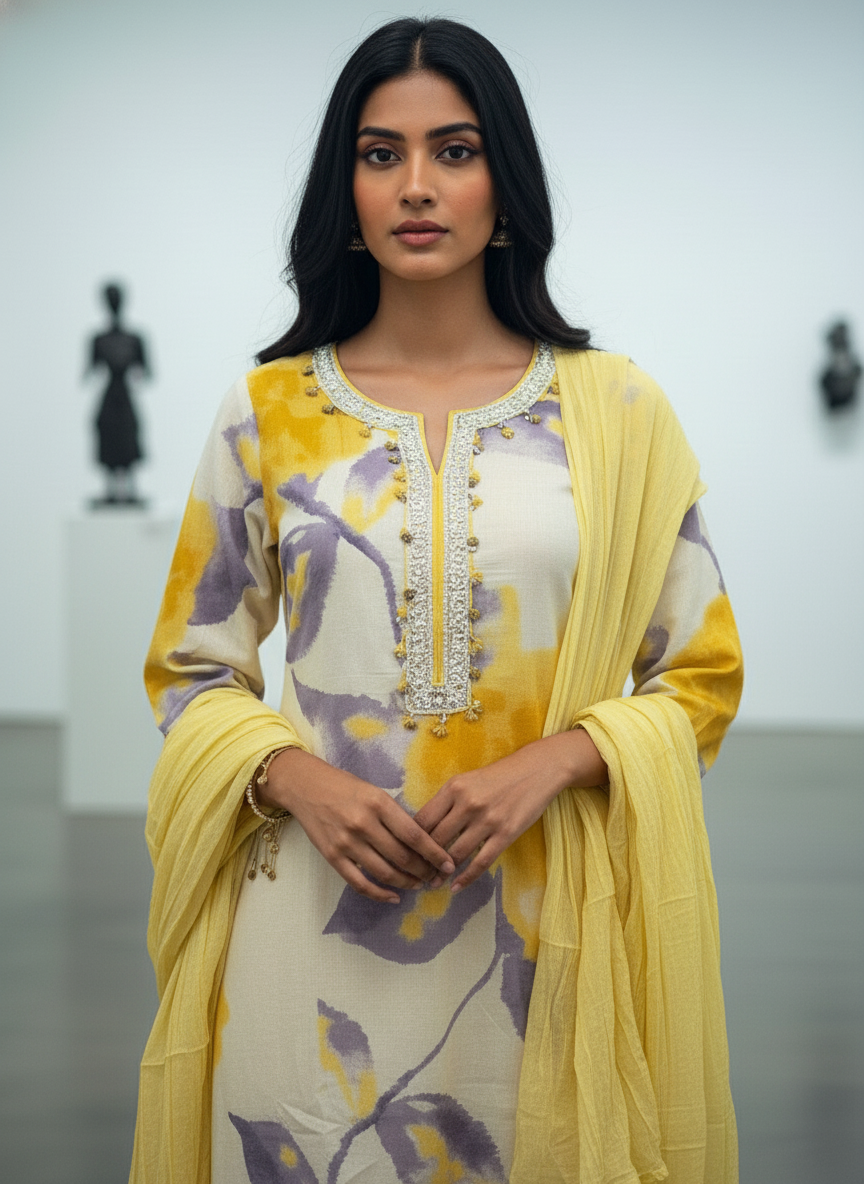 Purple & Yellow Floral Pure Cotton A-Line Suit Set