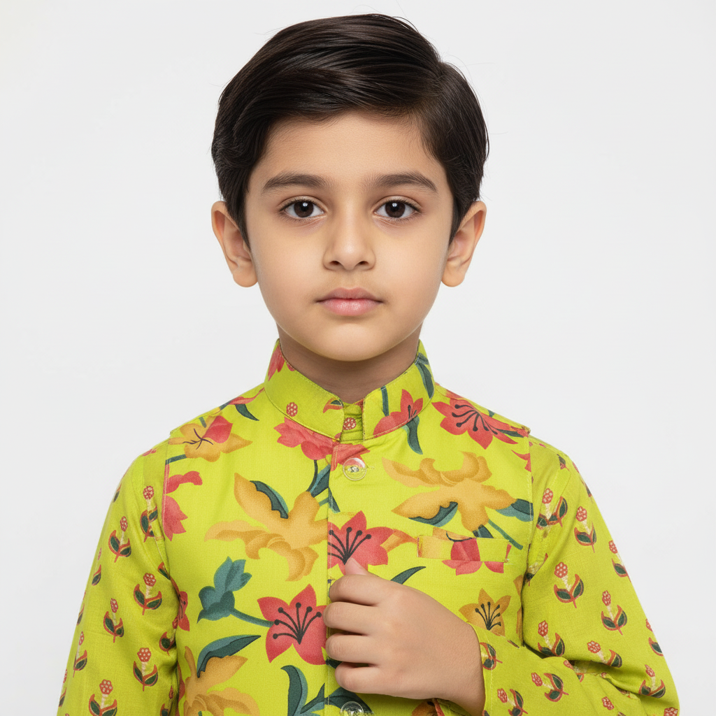 Boys Lime Green Cotton Kurta Set with Floral Nehru Jacket