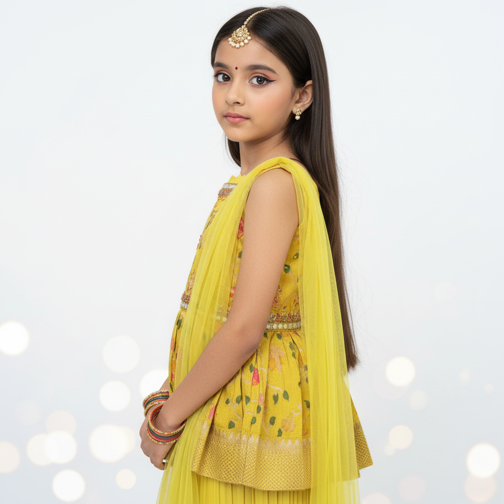 Lime Yellow Kids’ Brocade Jacquard Dress Set – Festive & Elegant