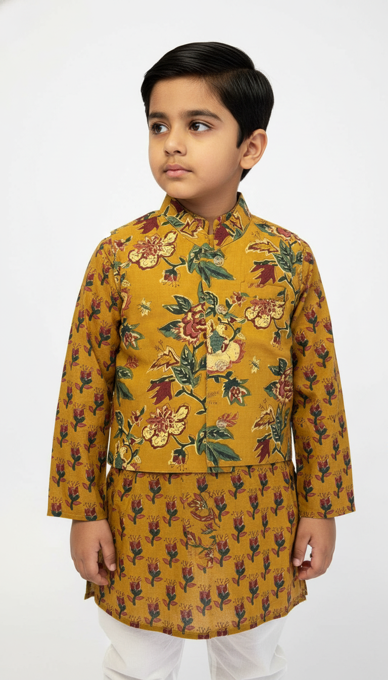 Kids’ Mustard Cotton Kurta Set with Floral Nehru Jacket – Traditional & Stylish