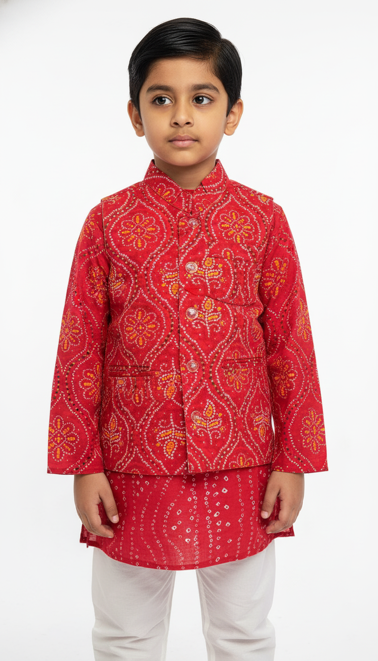 Kids’ Red Bandhani Cotton Kurta Set with Nehru Jacket – Traditional Charm