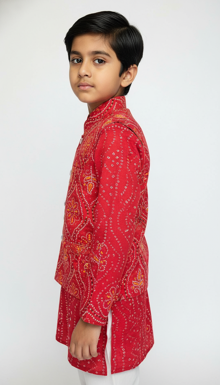 Kids’ Red Bandhani Cotton Kurta Set with Nehru Jacket – Traditional Charm