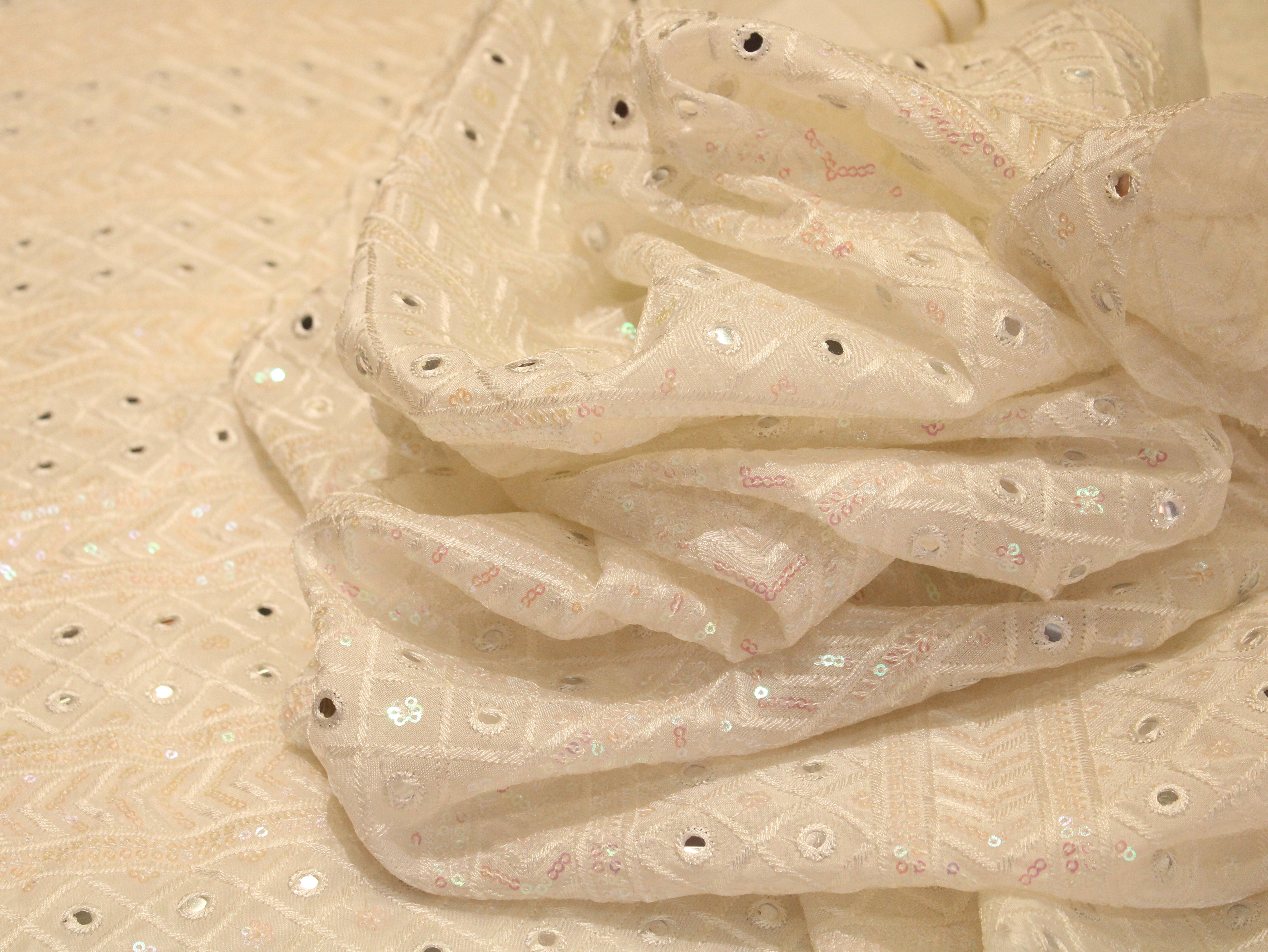 Wedding Edit : Mirror Work Upada Silk Fabric - White Dyeable - M'Foks