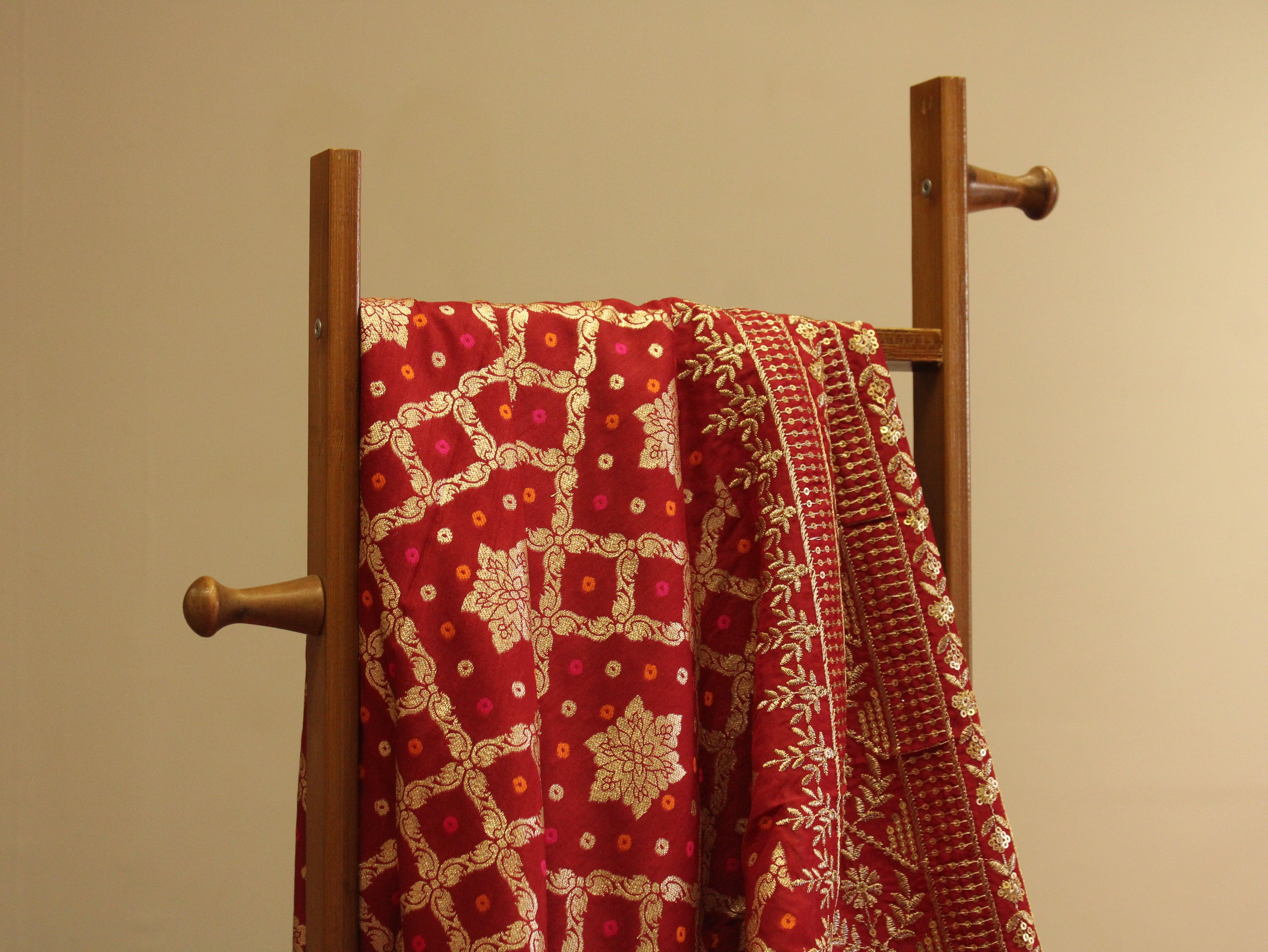 Zari Woven Bandhini Panel Work Dola Silk Fabric - Maroon - M'Foks