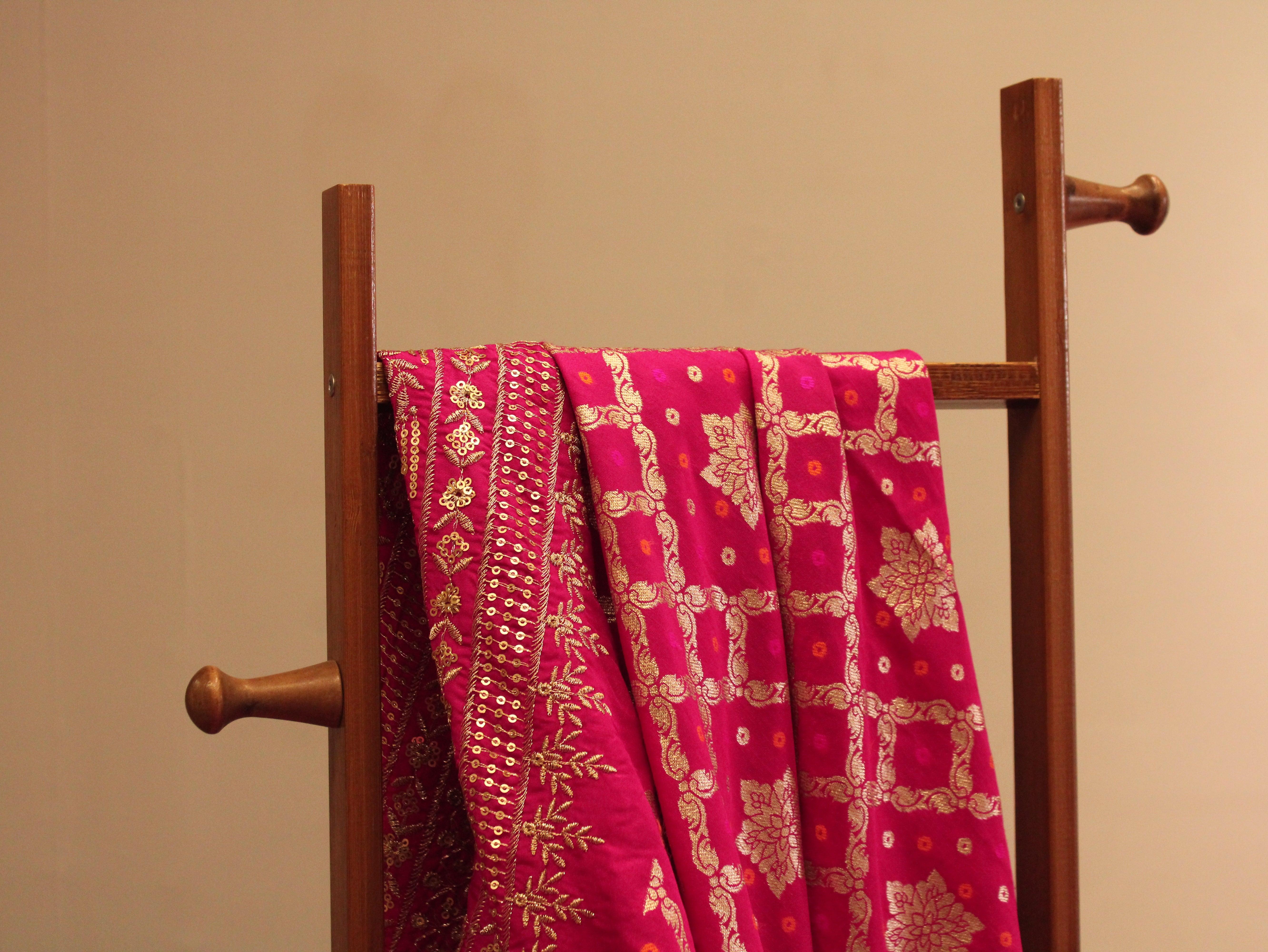 Zari Woven Bandhini Panel Work Dola Silk Fabric - Rani - M'Foks