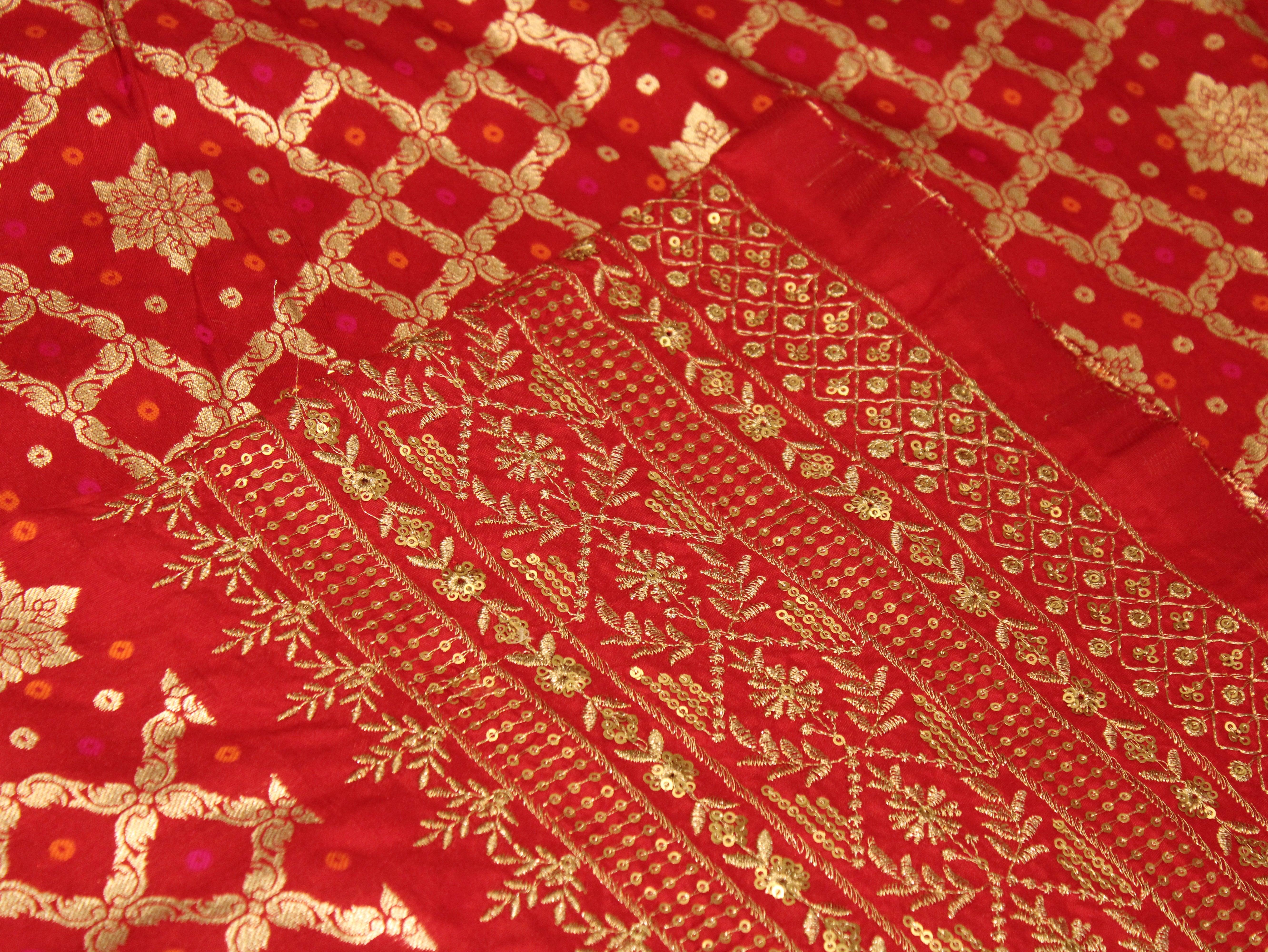 Zari Woven Bandhini Panel Work Dola Silk Fabric - Red - M'Foks