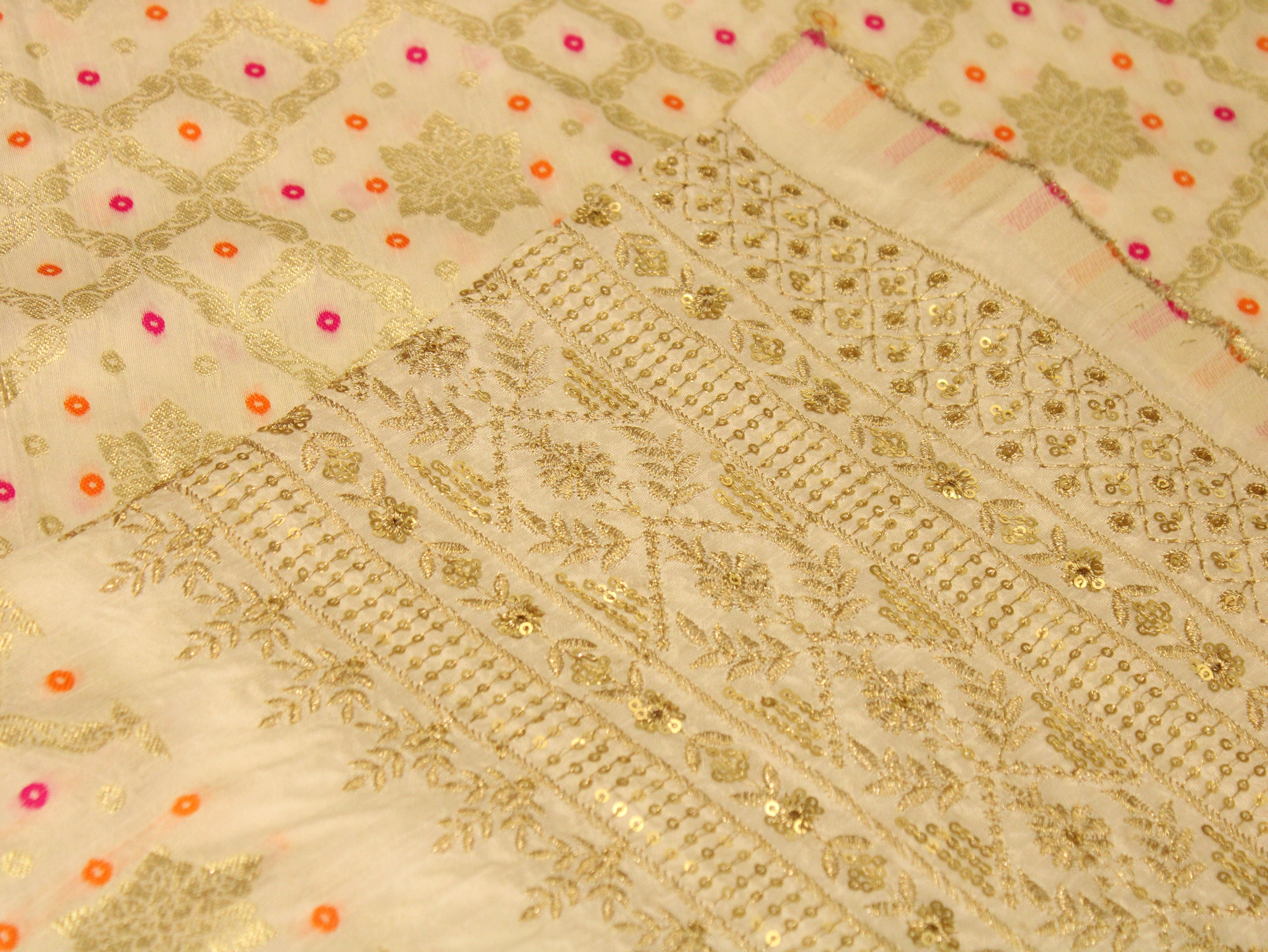 Zari Woven Bandhini Panel Work Dola Silk Fabric - White Dyeable - M'Foks