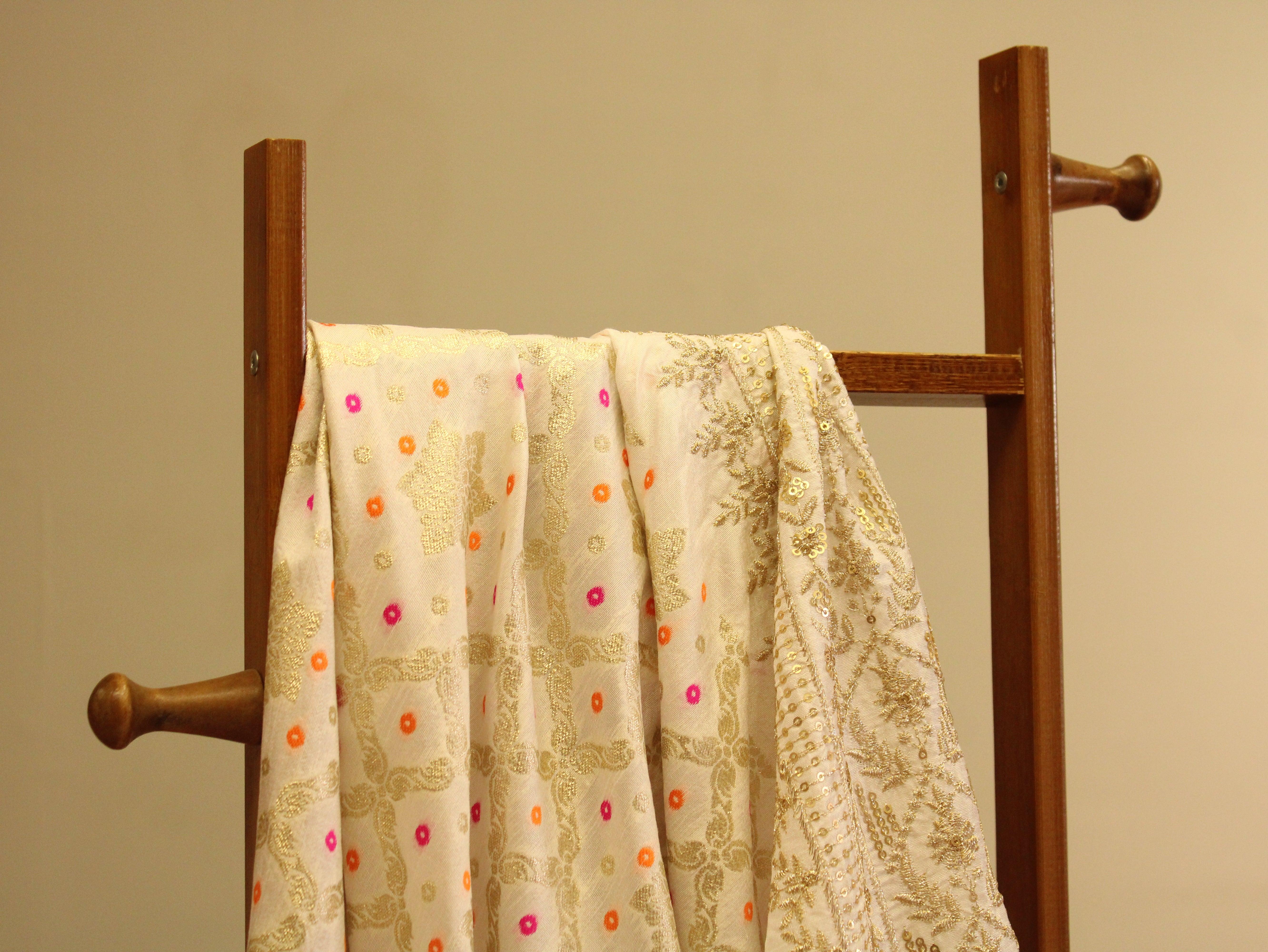 Zari Woven Bandhini Panel Work Dola Silk Fabric - White Dyeable - M'Foks