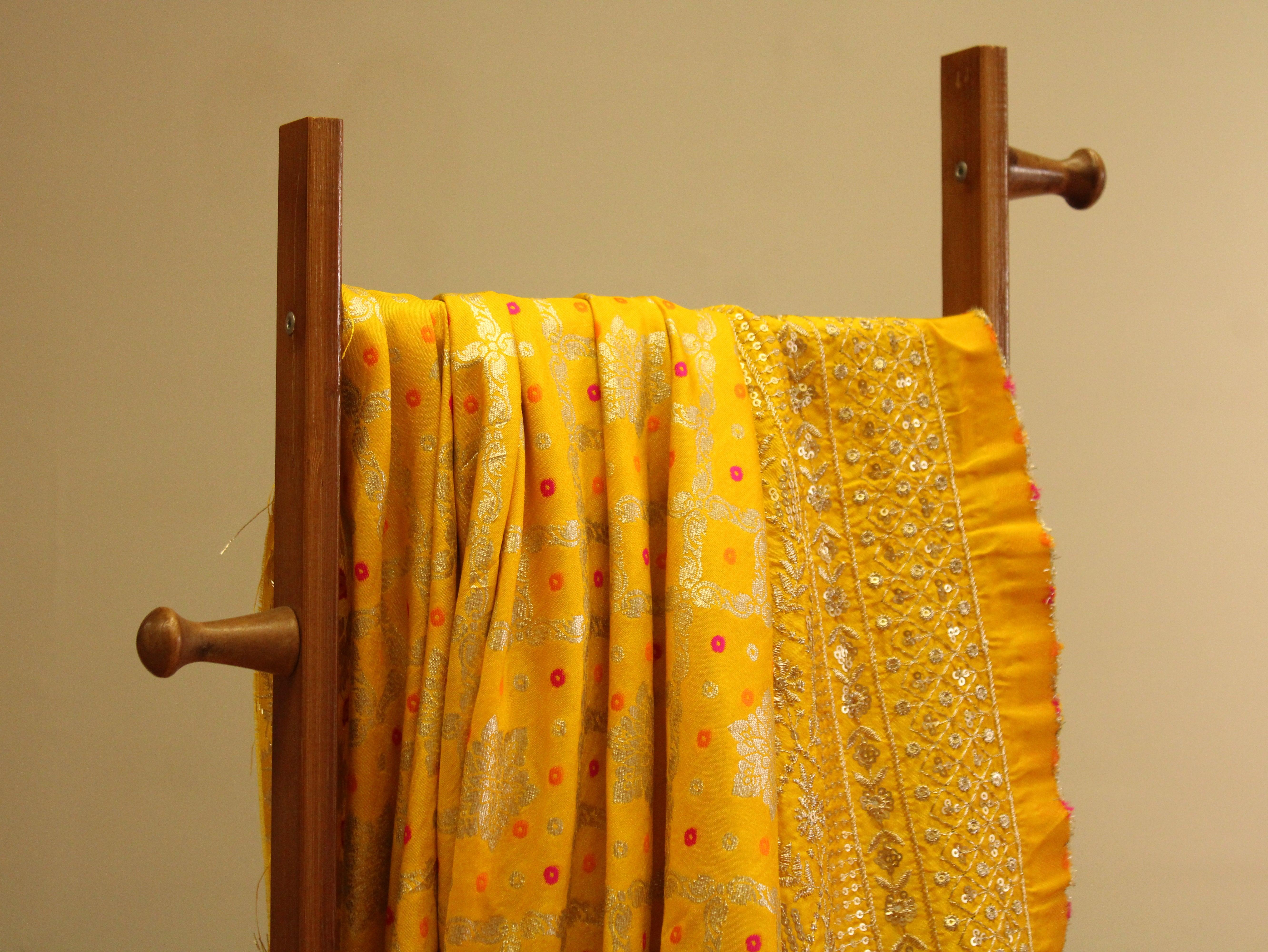 Zari Woven Bandhini Panel Work Dola Silk Fabric - Yellow - M'Foks