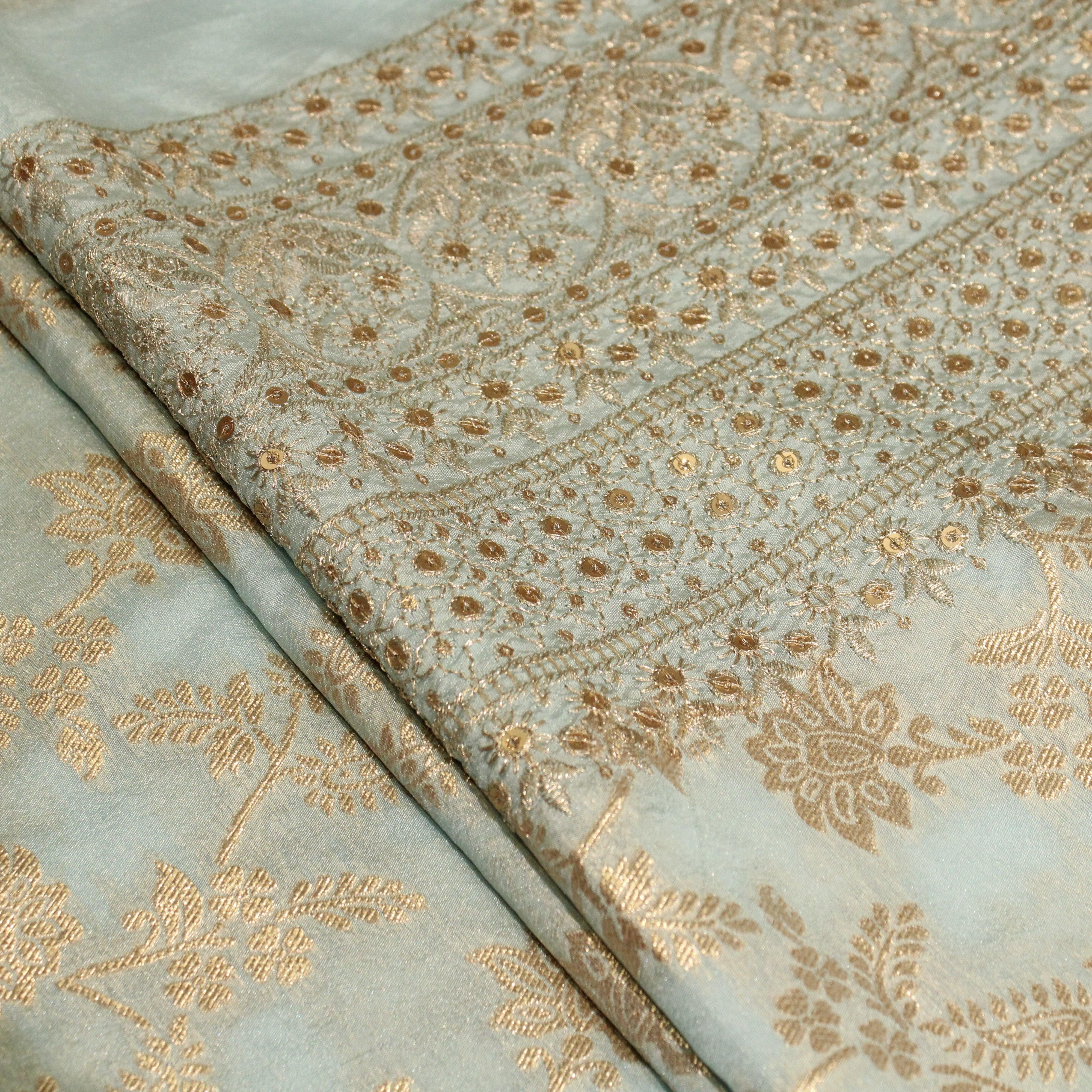 Zari Woven Panel Work Dola Silk Fabric - Blue - M'Foks