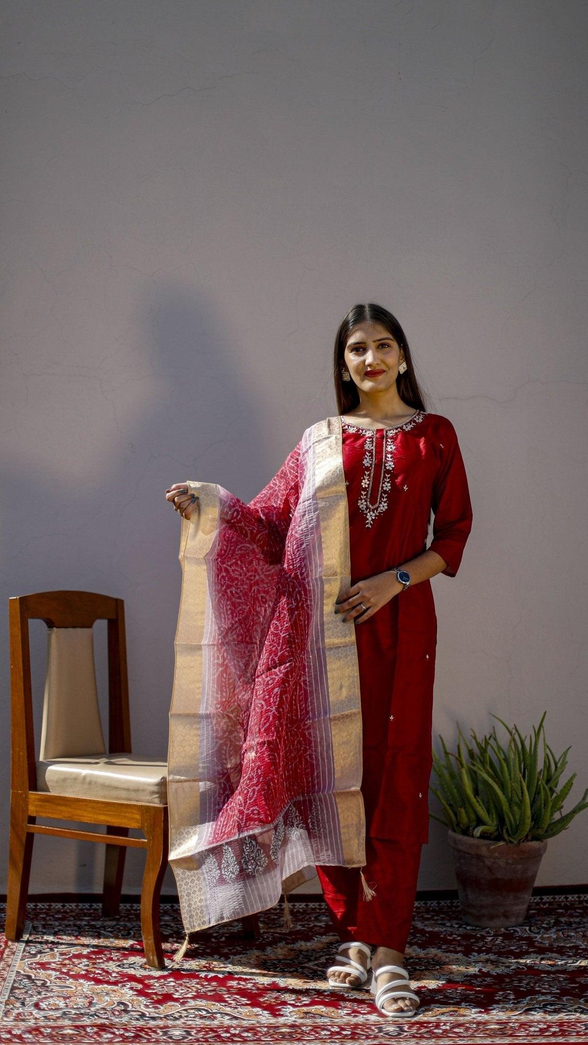 Chanderi Silk Hand Work Kurta With Cotton Silk Dupatta & Pant - M'Foks