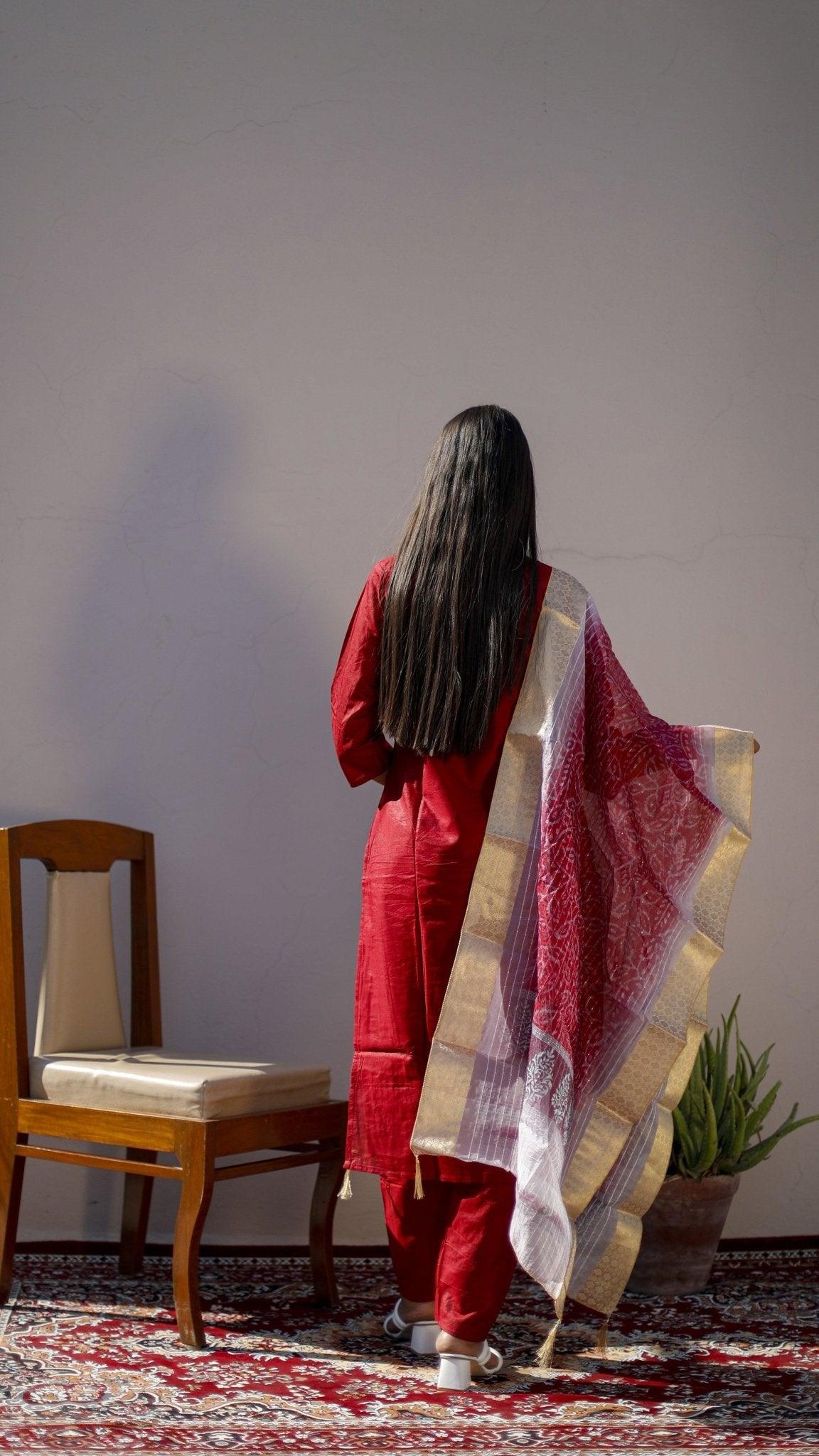 Chanderi Silk Hand Work Kurta With Cotton Silk Dupatta & Pant - M'Foks