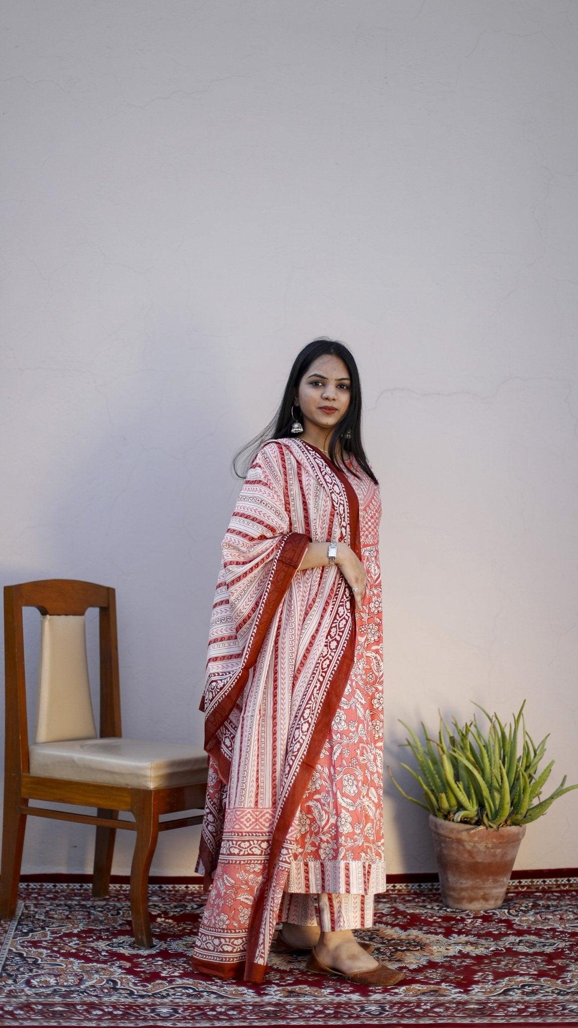 Cotton Anarkali Style Kurta With Printed Dupatta & Pant - M'Foks